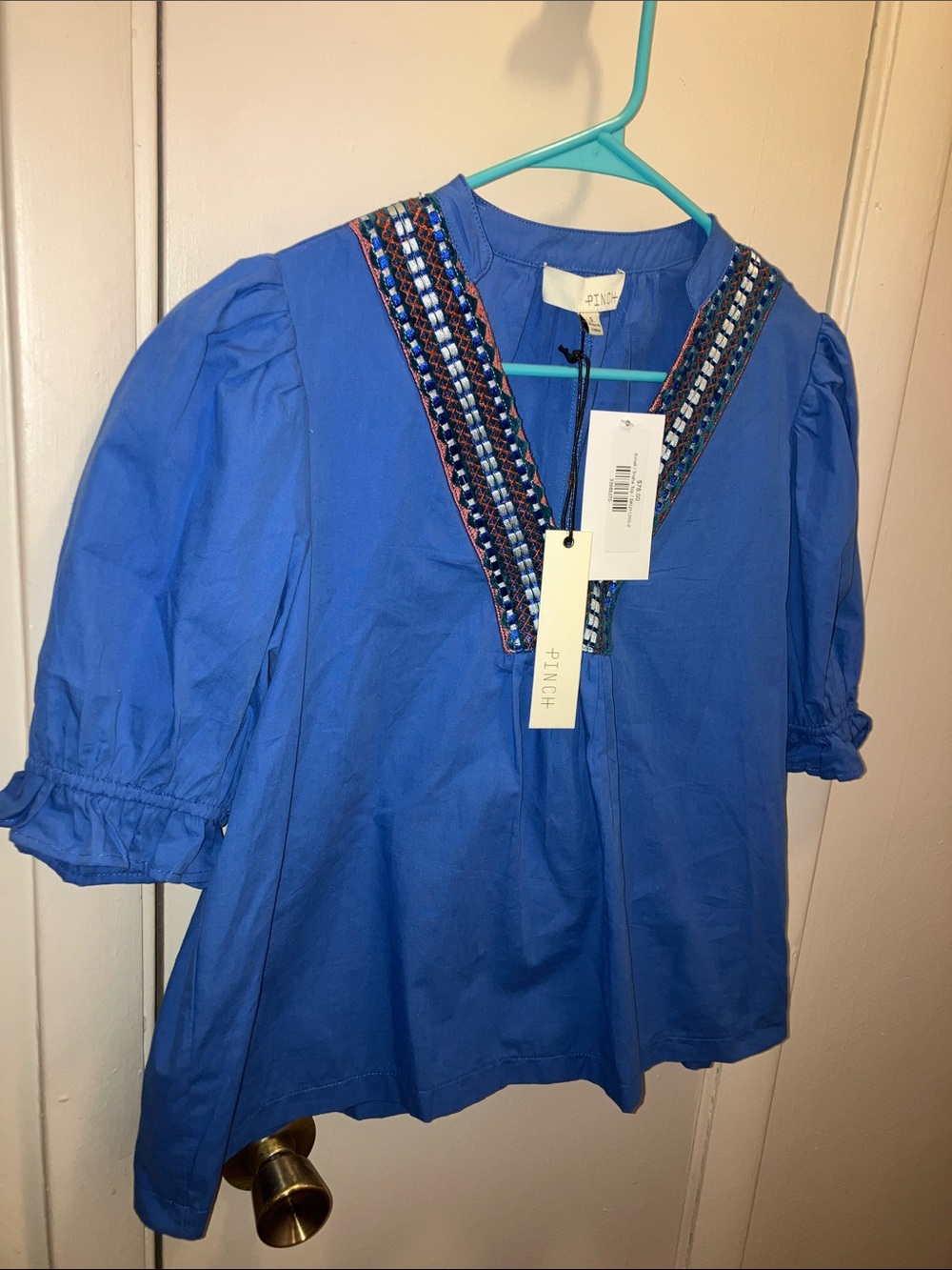 Pinch Royal Blue Embroidered V‑Neck Pintuck Blouse